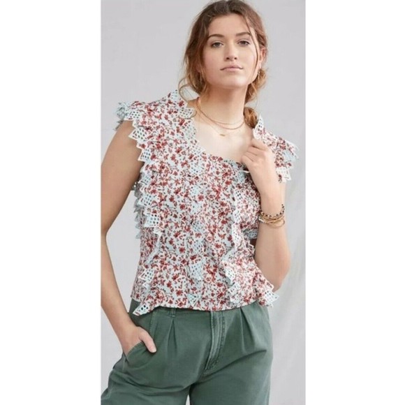 Anthropologie Blue Tassel Women Floral Cotton Trina Bow Blouse Top Size XL NEW - Picture 4 of 10